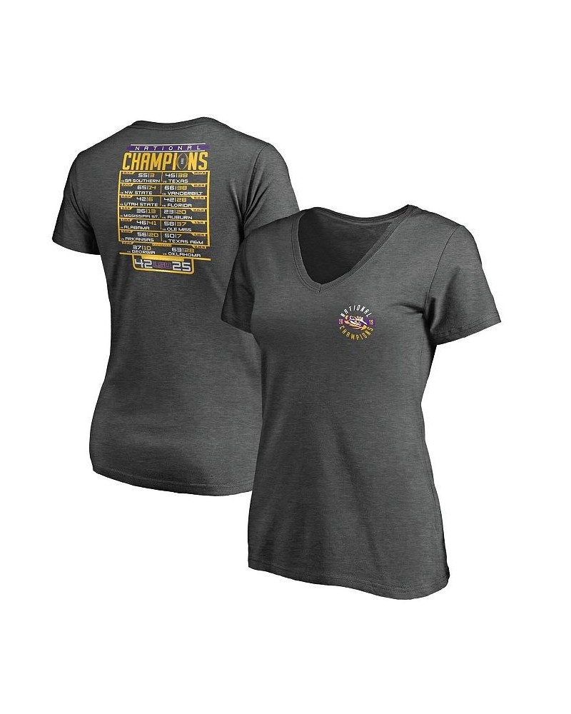 Women's LSU Tigers College Football Playoff 2019 National Champions Fumble Schedule V-Neck T-shirt Heather Charcoal $20.16 Tops