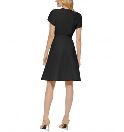 Women's Belted Tulip-Sleeve Fit & Flare Dress Black $44.48 Dresses
