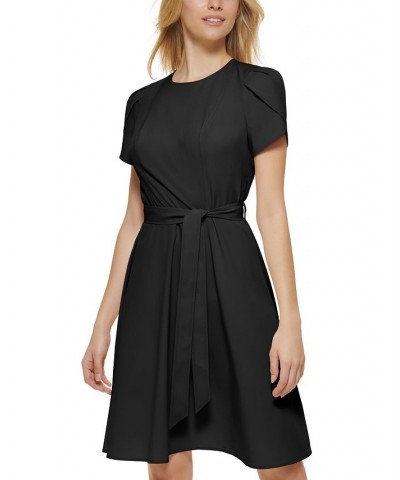 Women's Belted Tulip-Sleeve Fit & Flare Dress Black $44.48 Dresses