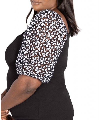 Plus Size Knit Top with Eyelet Sleeves Black $58.31 Tops