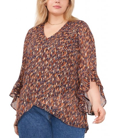 Plus Size Printed Ruffle-Cuff 3/4-Sleeve Blouse Classic Navy $32.13 Tops