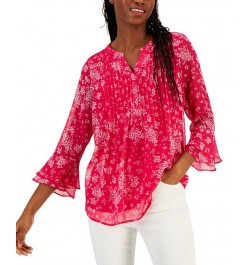 Women's Printed Pintuck Ruffled-Sleeve Top Pink $26.85 Tops