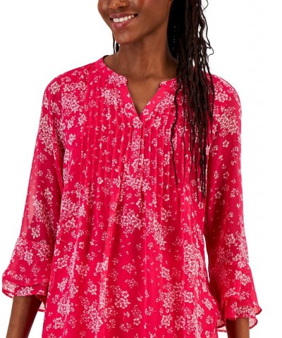 Women's Printed Pintuck Ruffled-Sleeve Top Pink $26.85 Tops