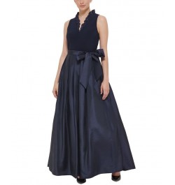 Women's Ruffled-Neck Tie-Waist Gown Navy $53.70 Dresses