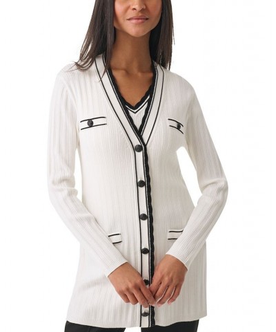Women's Contrast-Trim Button Cardigan Soft White/ Black $33.31 Sweaters