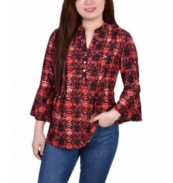 Petite 3/4 Bell Sleeve Printed Pleat Front Y-neck Top Berry Plaid $13.55 Tops