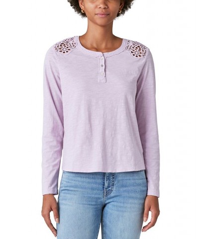 Women's Cotton Cutout Henley Top Purple $43.73 Tops