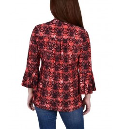 Petite 3/4 Bell Sleeve Printed Pleat Front Y-neck Top Berry Plaid $13.55 Tops