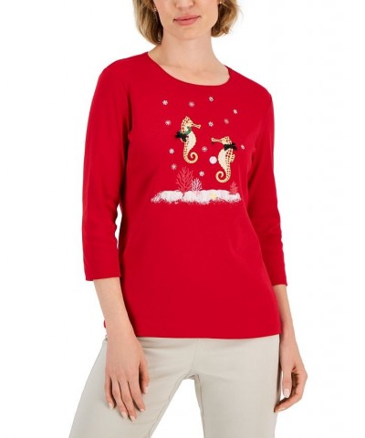 Petite Holiday Print 3/4-Sleeve Tops New Red Amore Seahorse $10.27 Tops