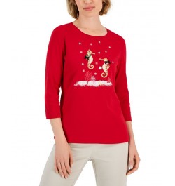 Petite Holiday Print 3/4-Sleeve Tops New Red Amore Seahorse $10.27 Tops
