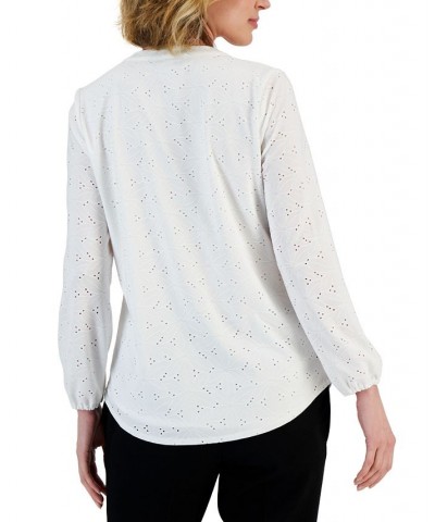 Eyelet Knit Split-Neck Long-Sleeved Blouse Lily White $28.90 Tops