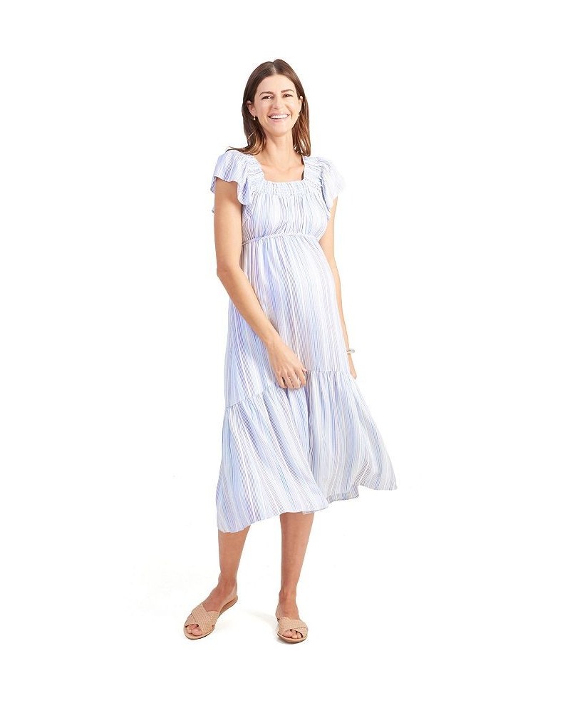 Women's Maternity Flutter Sleeve Tiered Dress Blue Multi Stripe $47.30 Dresses