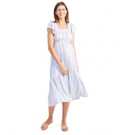 Women's Maternity Flutter Sleeve Tiered Dress Blue Multi Stripe $47.30 Dresses