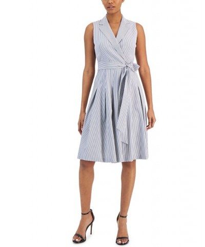 Women's Seersucker Wrap-Style Fit & Flare Dress Blue $44.70 Dresses