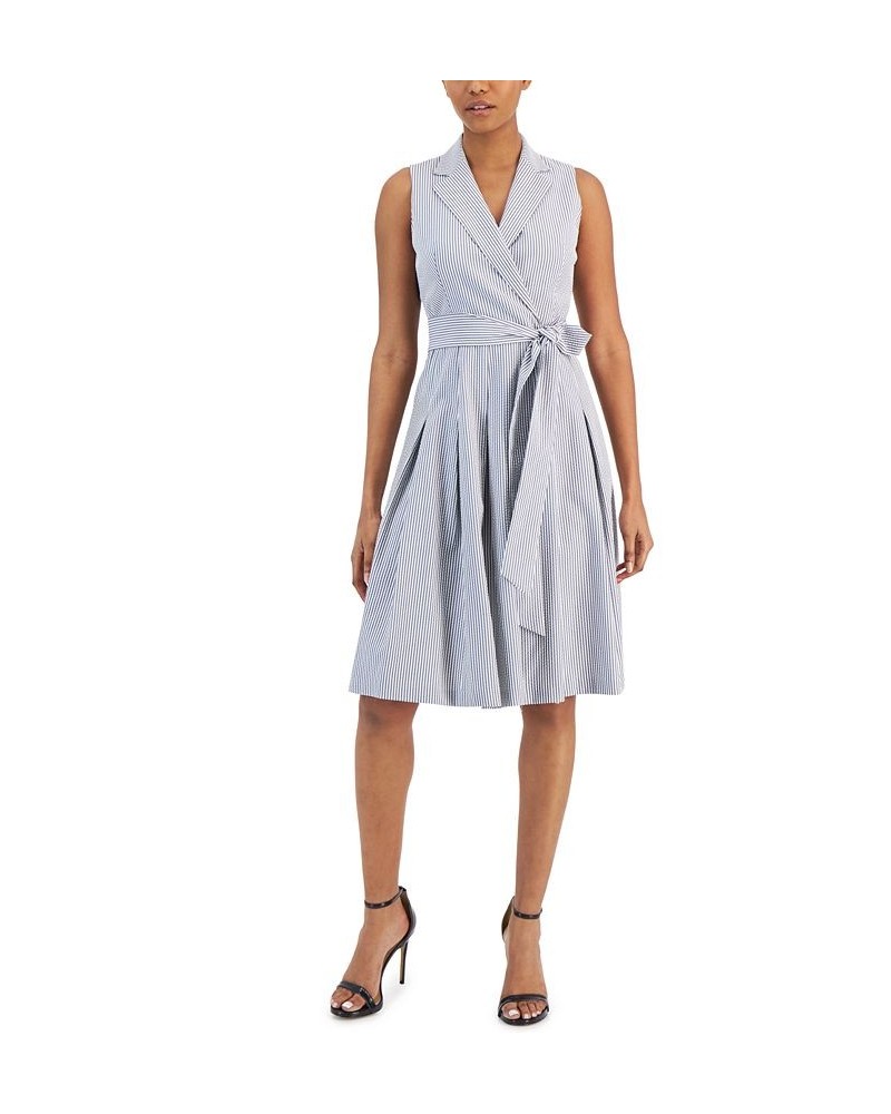 Women's Seersucker Wrap-Style Fit & Flare Dress Blue $44.70 Dresses