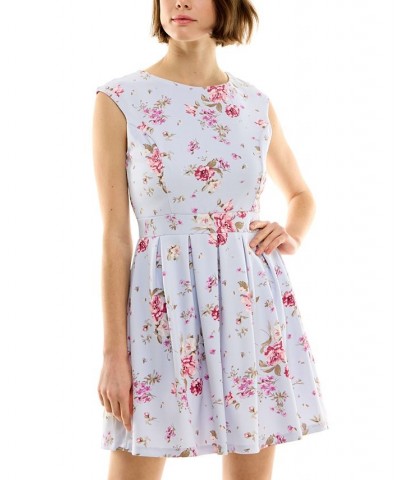 Juniors' Floral-Print Scuba-Crepe Pleated Dress Light Blue $20.39 Dresses
