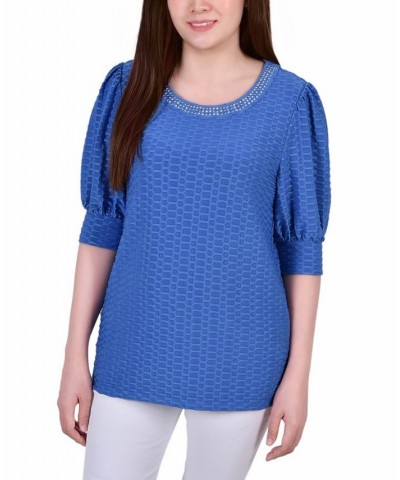 Petite Puff Sleeve Honeycomb Knit Top Blue $17.10 Tops