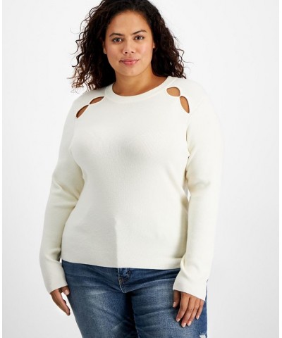 Plus Size Ribbed Long-Sleeve Cutout Sweater White $18.29 Sweaters