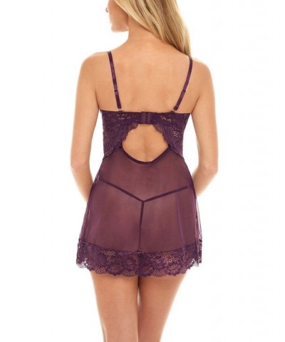 Women's Page Unlined Lace Cup Chemise and G-string Set Potent Purple $23.14 Lingerie
