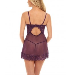 Women's Page Unlined Lace Cup Chemise and G-string Set Potent Purple $23.14 Lingerie