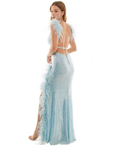 Juniors' Feather-Trim Sequined Gown Sky Blue $116.55 Dresses