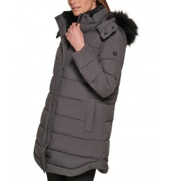 Women's Faux-Fur-Trim Hooded Puffer Coat Silver $95.00 Coats