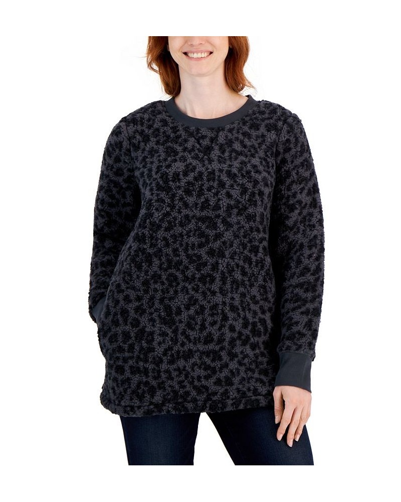 Women's Printed Crewneck Fleece Tunic Black $9.53 Sweatshirts