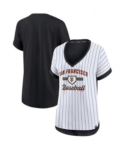 Women's Branded White and Black San Francisco Giants Iconic Noise Factor Pinstripe V-Neck T-shirt White, Black $18.90 Tops