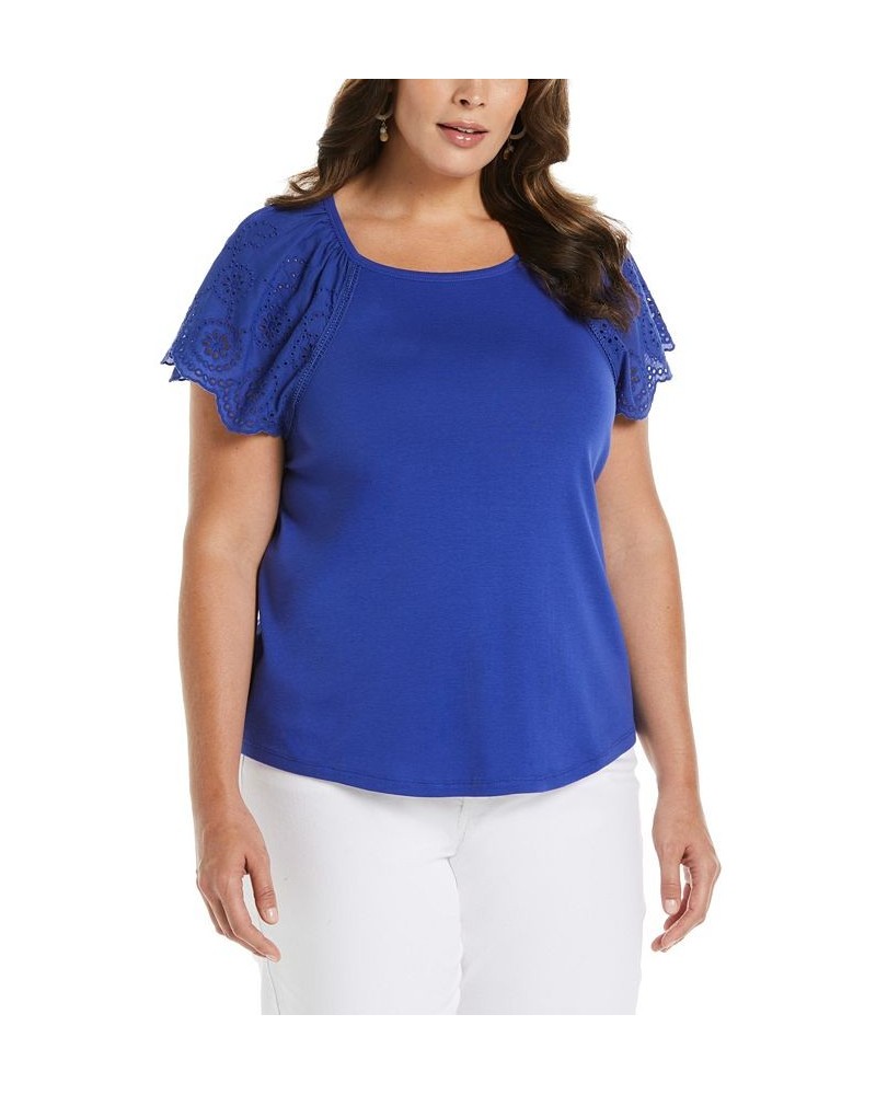 Plus Size Rib Knit Eyelet Short Sleeve T-Shirt Blue $36.34 Tops