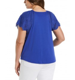 Plus Size Rib Knit Eyelet Short Sleeve T-Shirt Blue $36.34 Tops