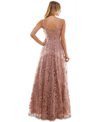 Juniors' Floral-Embroidered-Mesh Gown Dark Mauve $71.70 Dresses