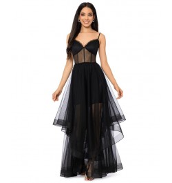 Juniors' Tiered Mesh A-Line Gown Black $113.96 Dresses