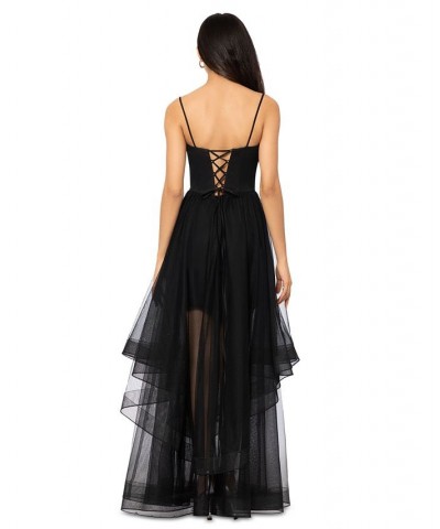 Juniors' Tiered Mesh A-Line Gown Black $113.96 Dresses