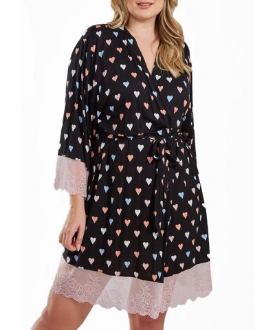 Tobey Plus Size Modal Hearts Robe Trimmed in Contrast Lace with Self Tie Sash Pink-Black $51.98 Sleepwear