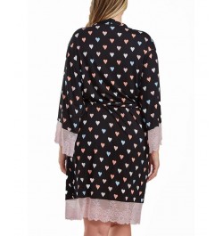 Tobey Plus Size Modal Hearts Robe Trimmed in Contrast Lace with Self Tie Sash Pink-Black $51.98 Sleepwear