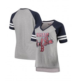 Women's Gray Navy Boston Red Sox Goal Line Raglan V-Neck T-shirt Gray, Navy $18.90 Tops