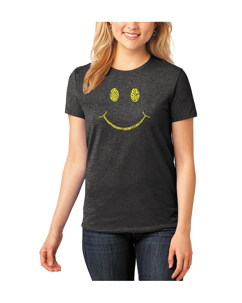 Women's Premium Blend Be Happy Smiley Face Word Art T-shirt Black $21.82 Tops