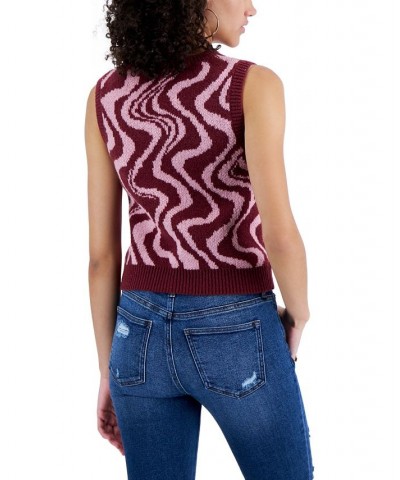 Juniors' Retro Printed V-neck Sweater Vest Purple $11.64 Sweaters