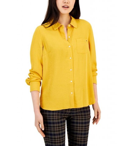 Women's Roll-Tab-Sleeve Button-Down Emblem Shirt Yellow $18.45 Tops