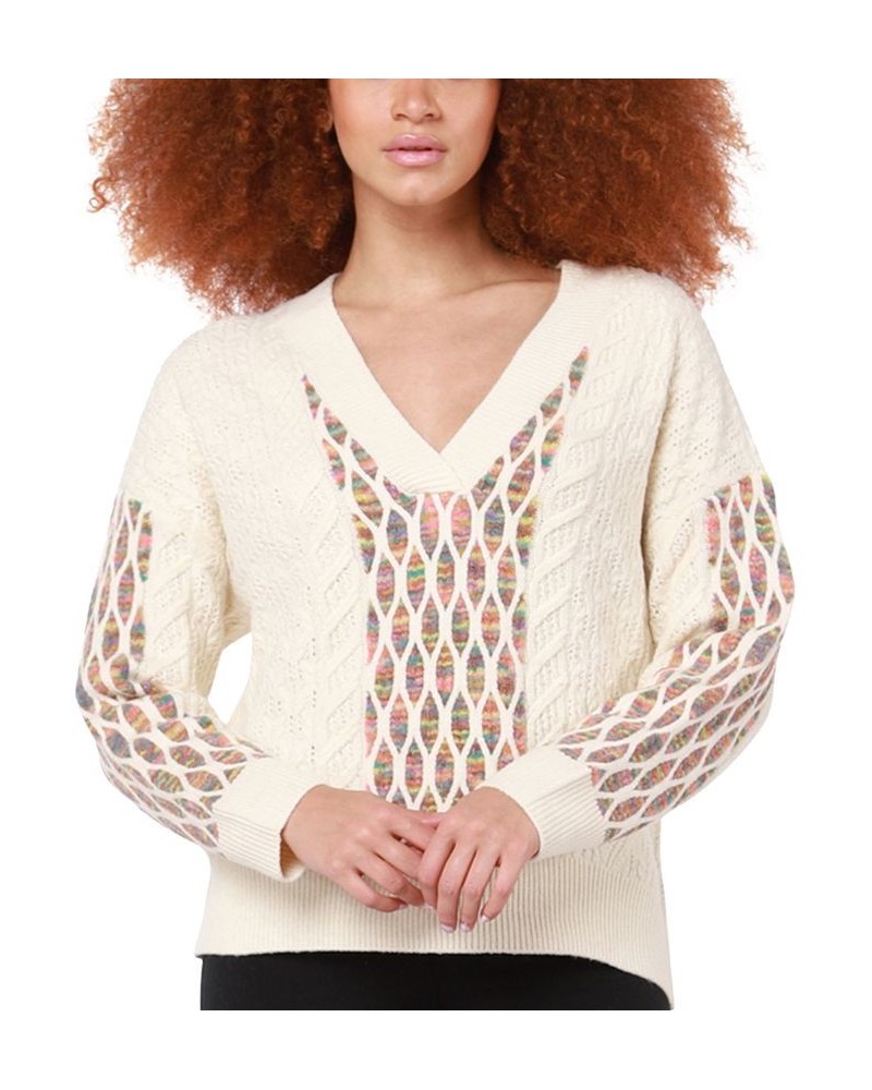 Women's Long Sleeve Textured Cable Knit Sweater Cream/rainbow $31.82 Sweaters