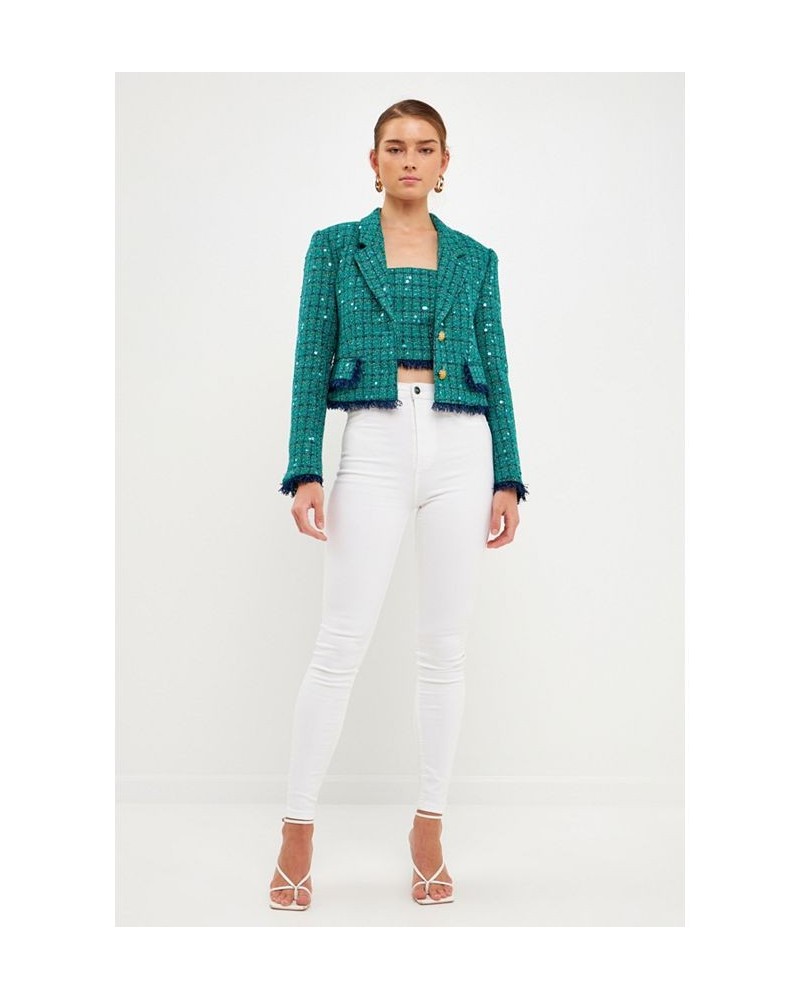 Women's Cropped Fringe Tweed Jacket Green Navy $138.60 Jackets