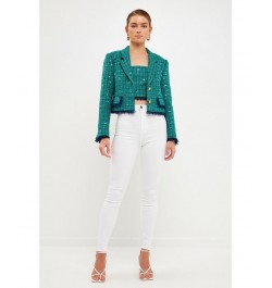 Women's Cropped Fringe Tweed Jacket Green Navy $138.60 Jackets