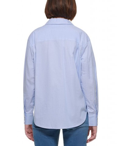 Women's Cotton Striped Boyfriend-Fit Shirt Blue/White $48.33 Tops