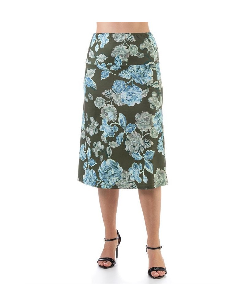 Plus Size Elastic Waist Knee Length Skirt Blue, Green Multi $30.50 Skirts