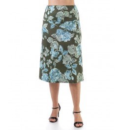 Plus Size Elastic Waist Knee Length Skirt Blue, Green Multi $30.50 Skirts