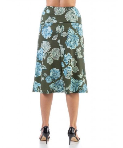 Plus Size Elastic Waist Knee Length Skirt Blue, Green Multi $30.50 Skirts