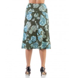 Plus Size Elastic Waist Knee Length Skirt Blue, Green Multi $30.50 Skirts