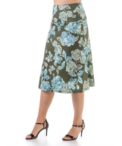 Plus Size Elastic Waist Knee Length Skirt Blue, Green Multi $30.50 Skirts