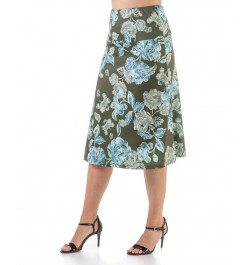 Plus Size Elastic Waist Knee Length Skirt Blue, Green Multi $30.50 Skirts