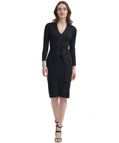 V-Neck Belted Long-Sleeve Sweater Dress Black $29.46 Dresses